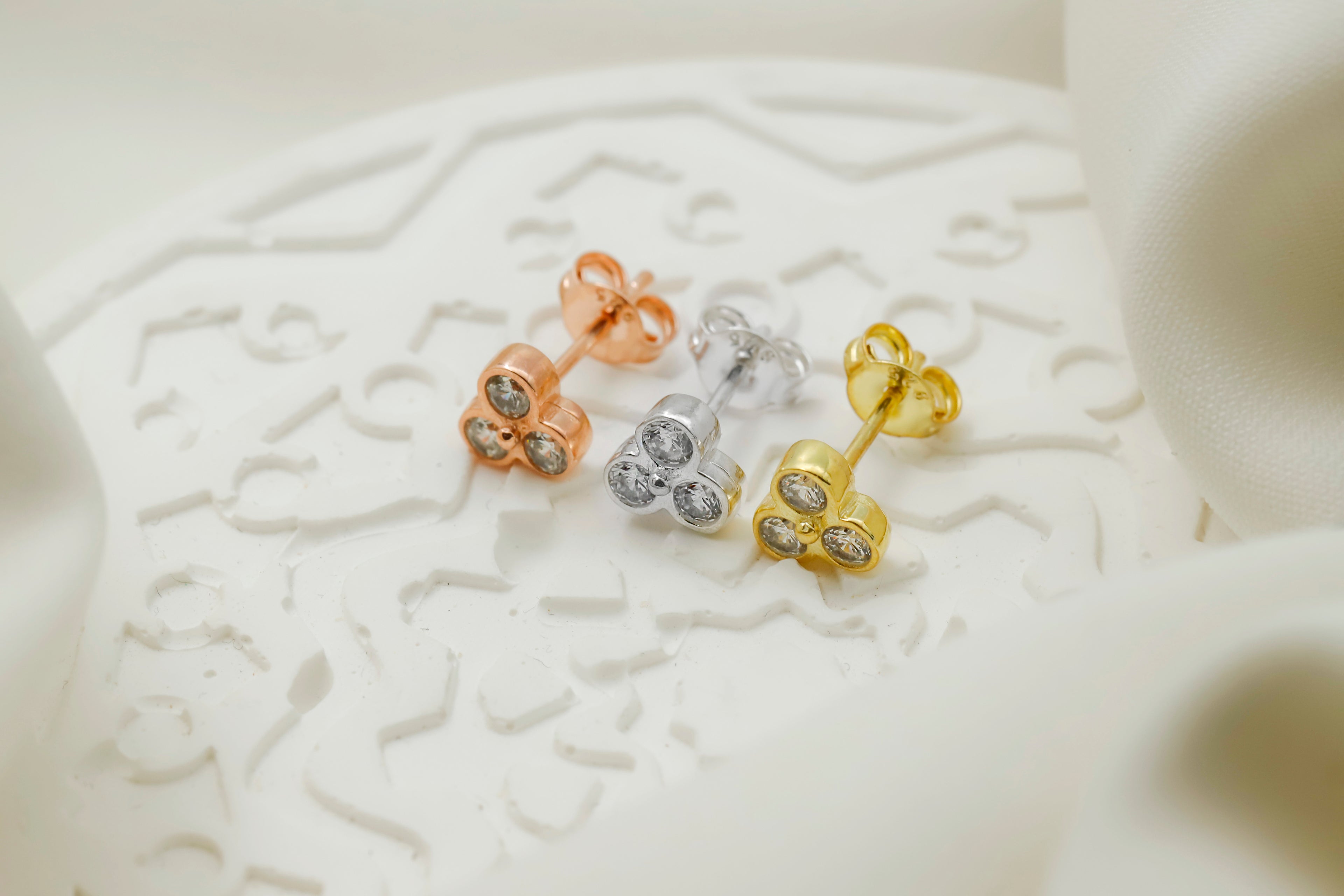 Triple CZ Stud Earrings – Minimalist 3 Stone Dainty Earrings