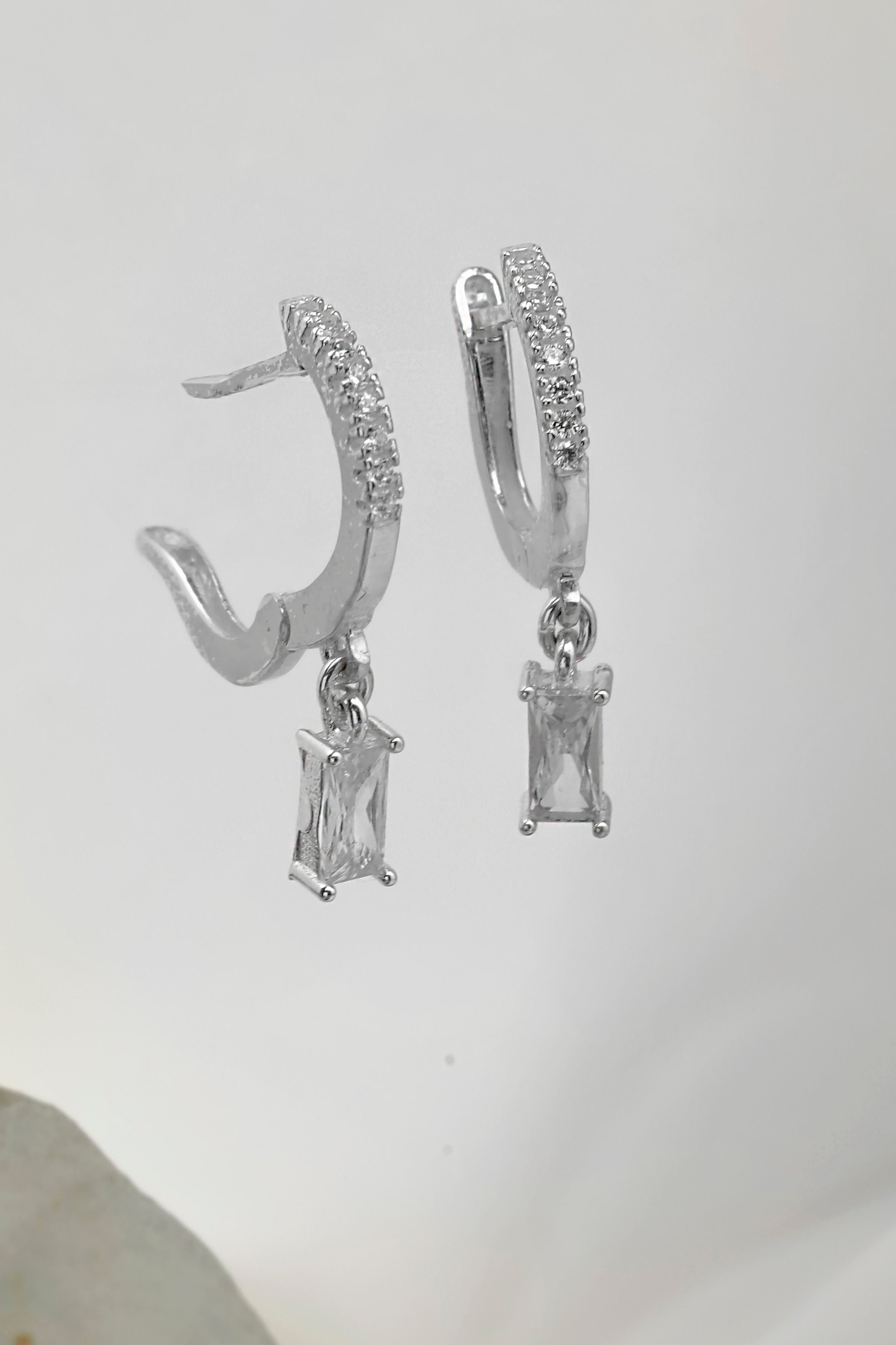Sterling Silver Baguette Drop Earrings – Dainty CZ Huggie Hoop Earrings